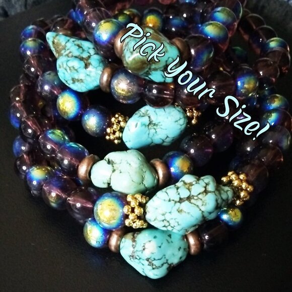 Flashy Beaded Stretch Bracelet! Turquoise Magnesite! Various Sizes - Pick Yours! - Picture 2 of 14